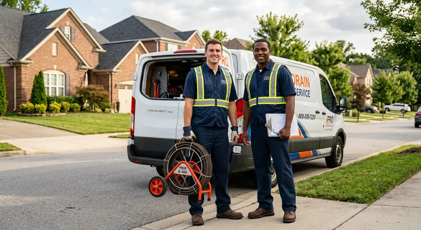 Sewer and drain service team with equipment ready for work in Camden