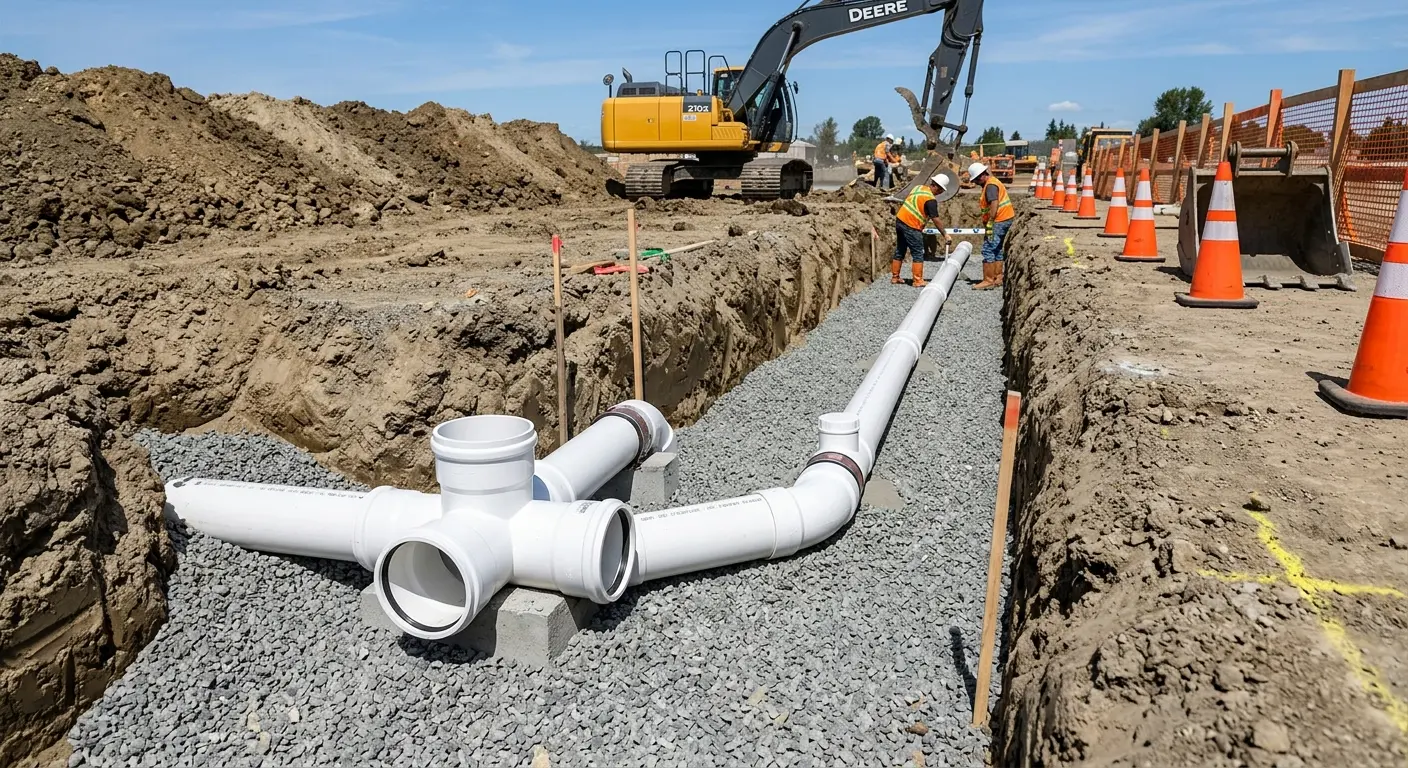 New PVC sewer pipe installation in open trench for Sewer Backup in Camden