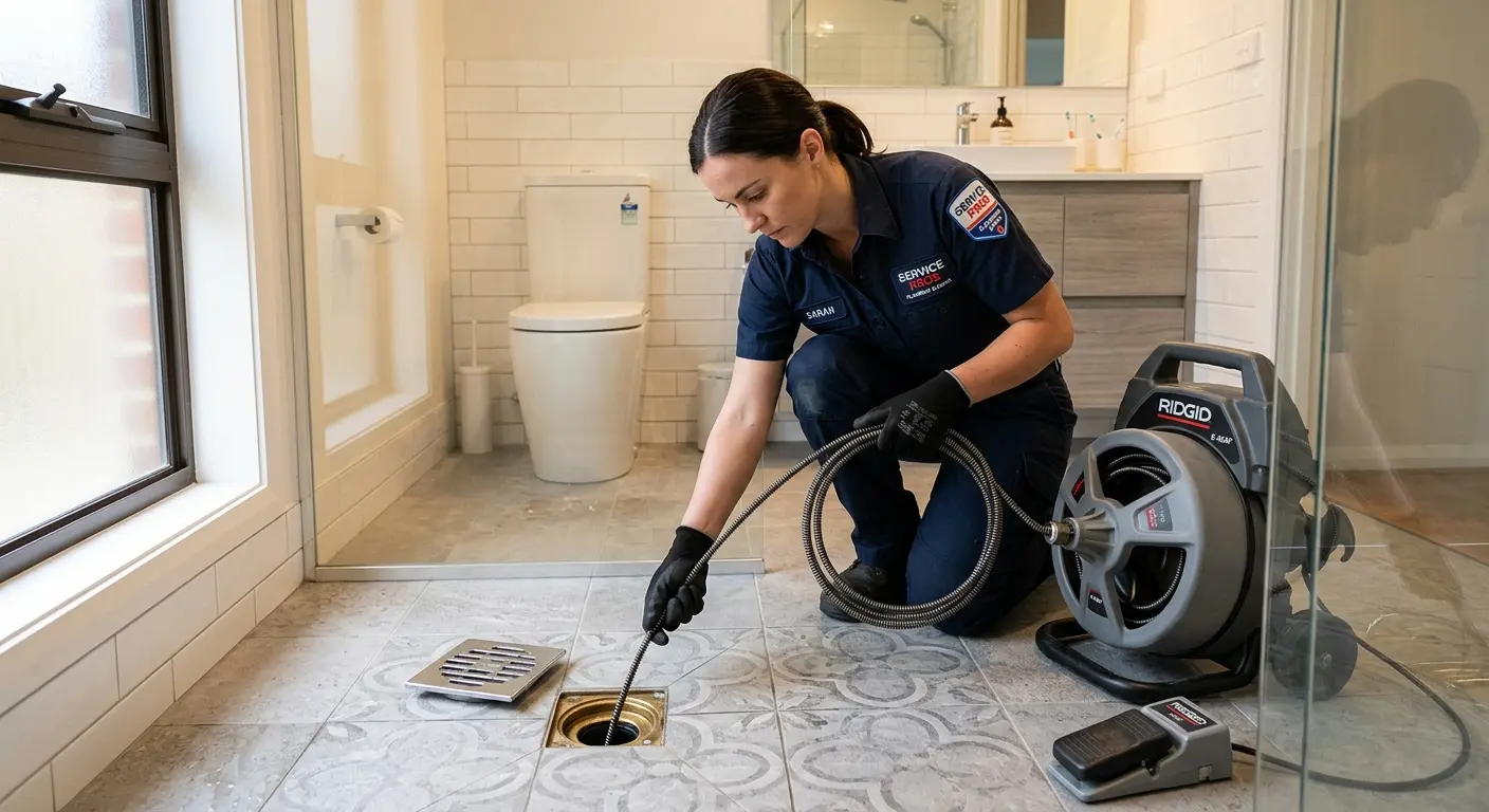 Technician clearing a bathroom floor drain for Sewer Line Replacement in Camden